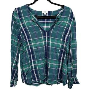 Crown & Ivy Pullover VNeck Plaid Blouse Shirt Green Size Small Oversized Fit